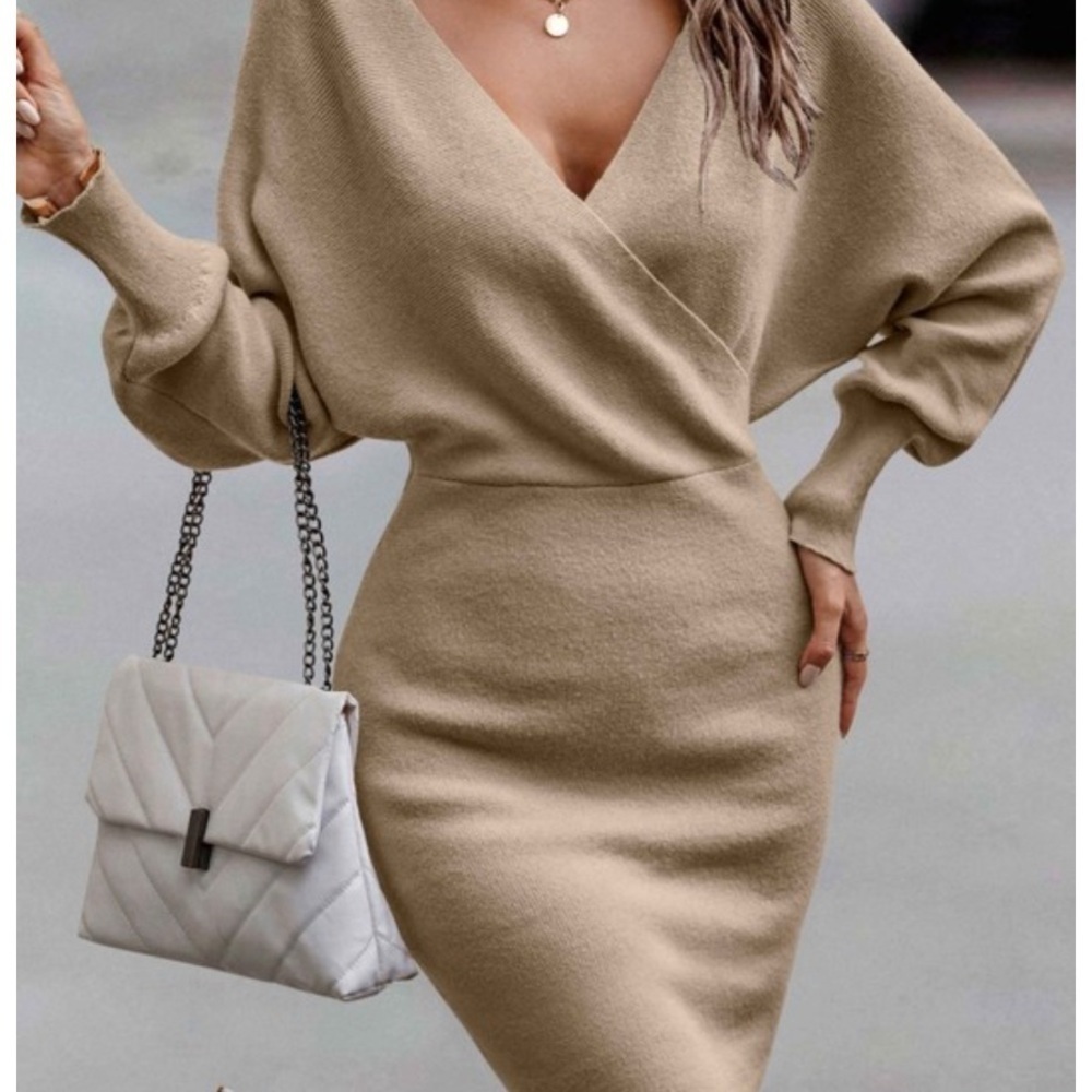 Beige Knit Sweater Dress with Lace Back Bodycon Size L - Picture 3 of 10